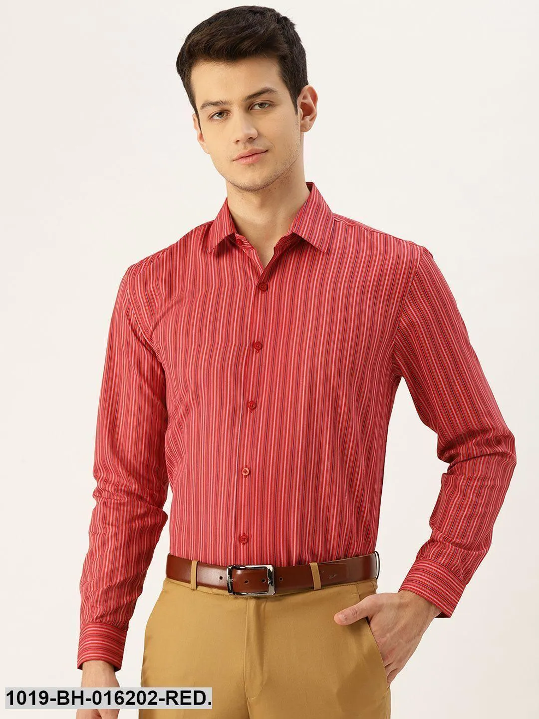 Men's Cotton Red & Multicolored Striped Formal Shirt - Sojanya