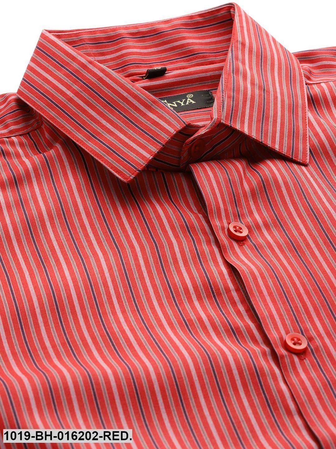 Men's Cotton Red & Multicolored Striped Formal Shirt - Sojanya