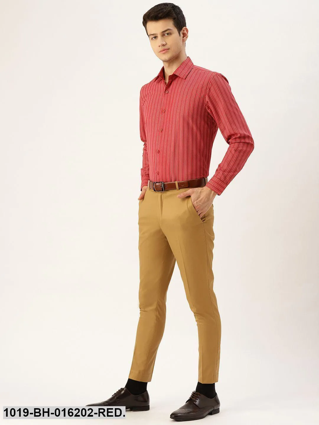 Men's Cotton Red & Multicolored Striped Formal Shirt - Sojanya