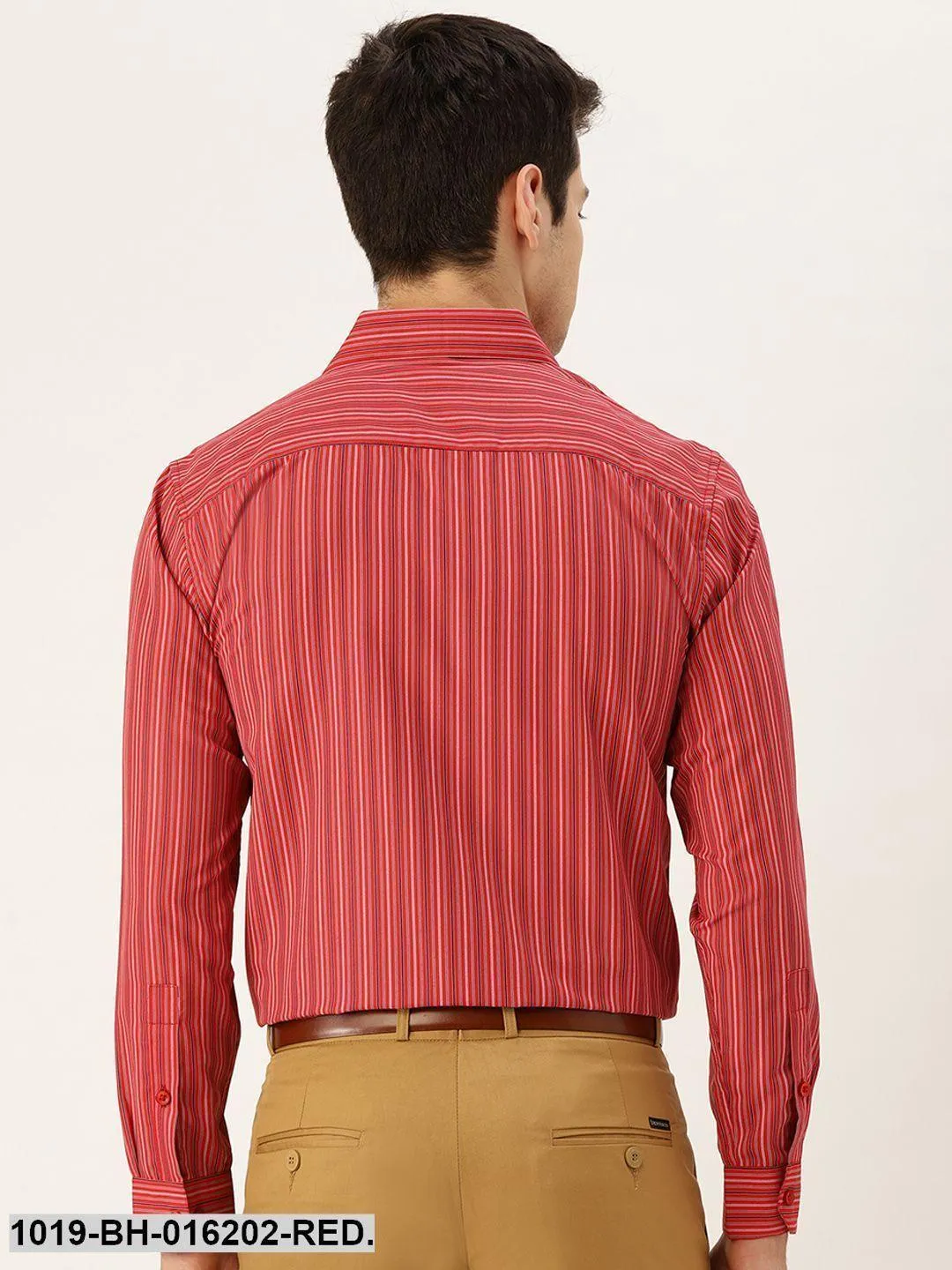 Men's Cotton Red & Multicolored Striped Formal Shirt - Sojanya