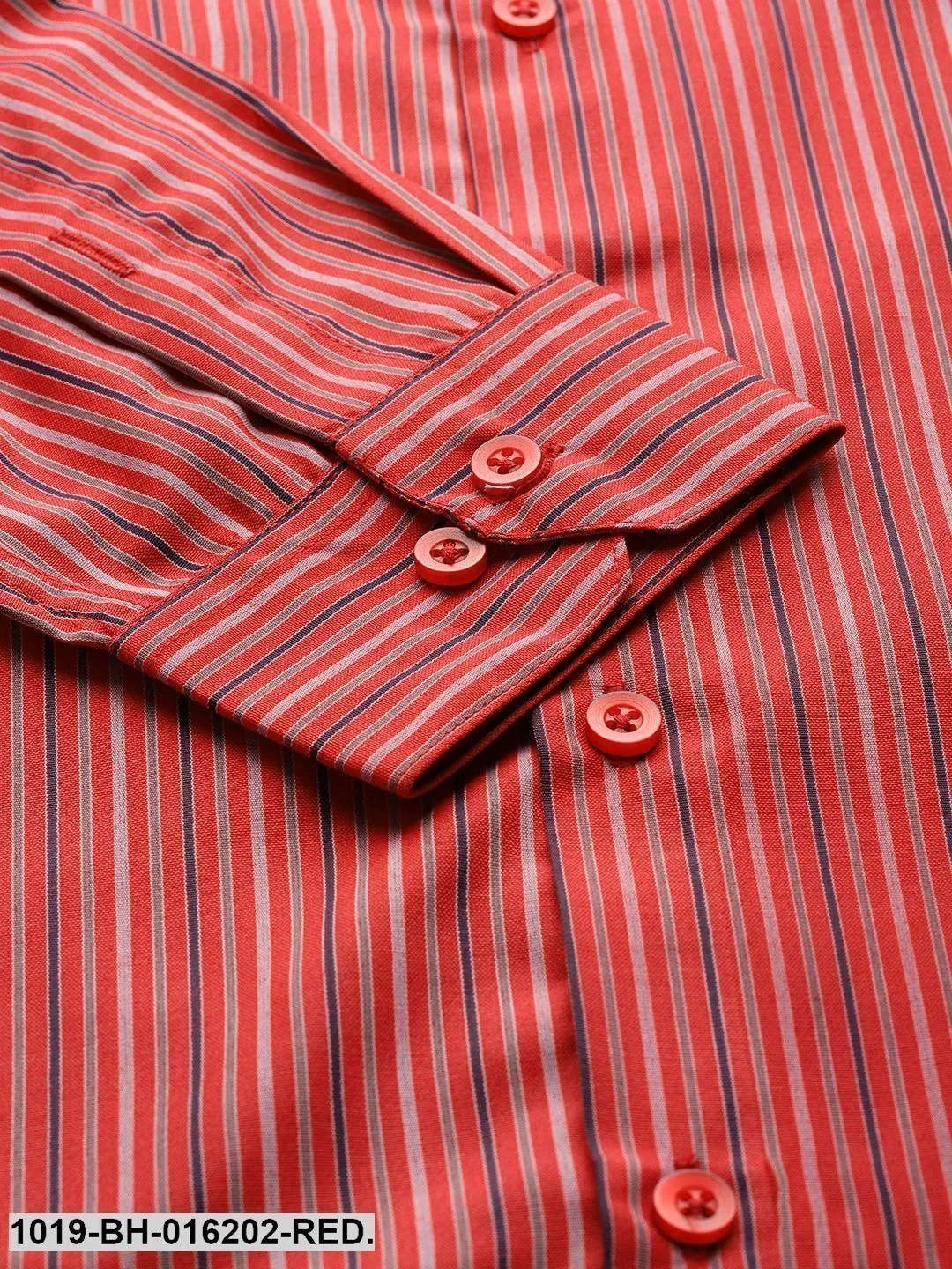 Men's Cotton Red & Multicolored Striped Formal Shirt - Sojanya