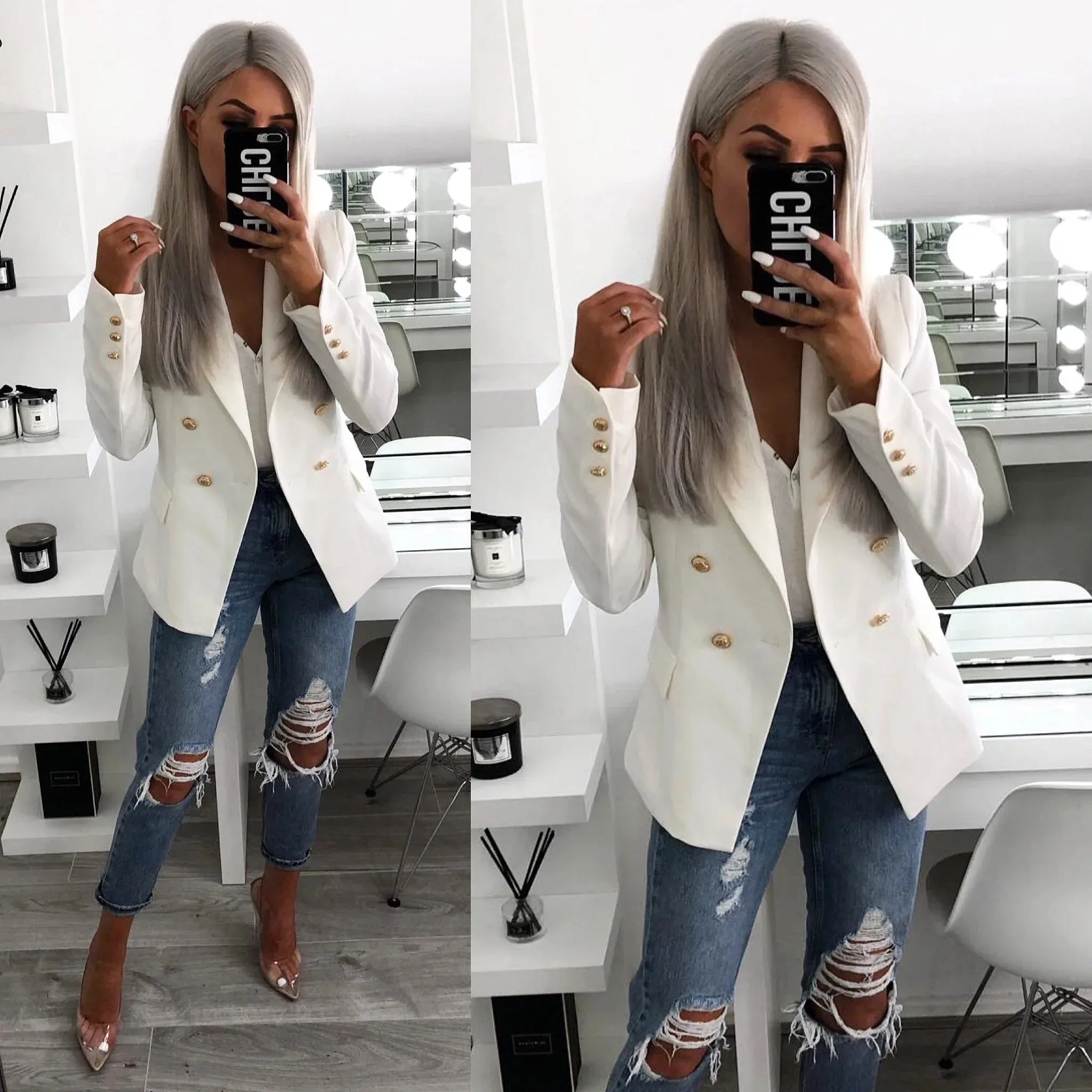 ‘Morgan’ White Tailored Blazer with Gold Button Detail*