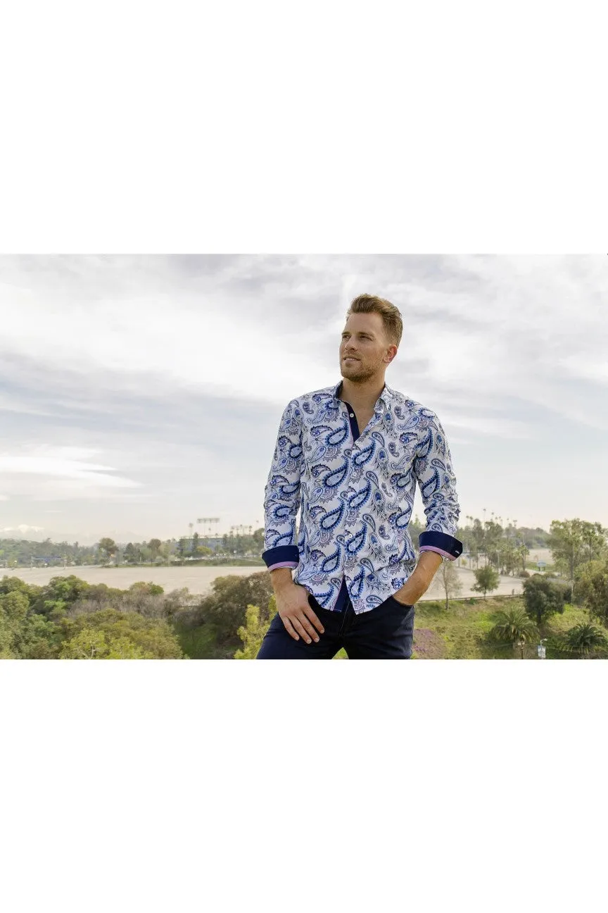 Navy Paisley Button Down Shirt W/Accent Trim