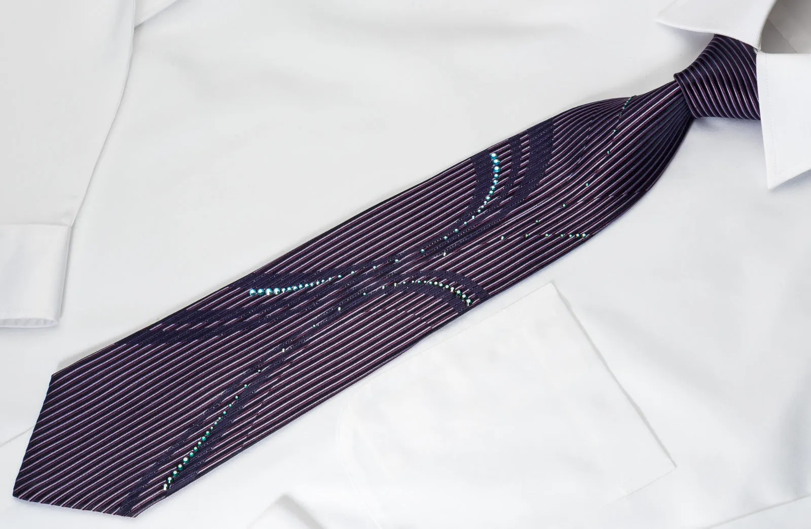 Pierre Cardin Rhinestone Necktie Vertical Stripes On Purple With Silver Sparkles