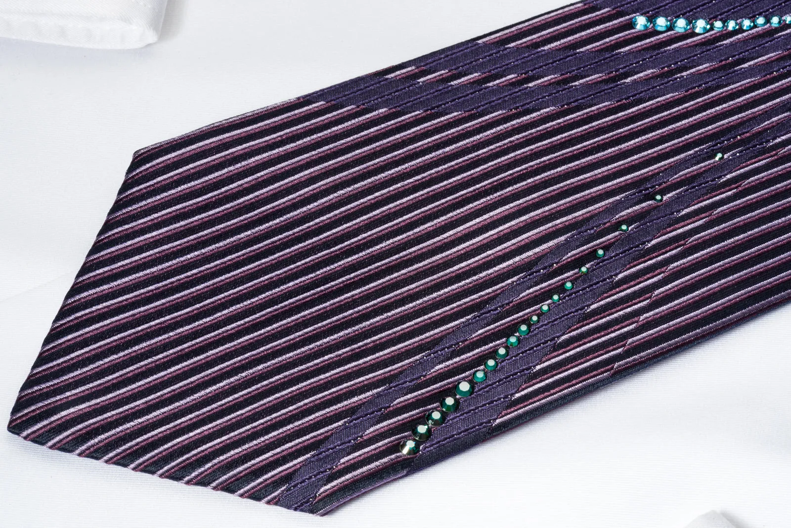 Pierre Cardin Rhinestone Necktie Vertical Stripes On Purple With Silver Sparkles