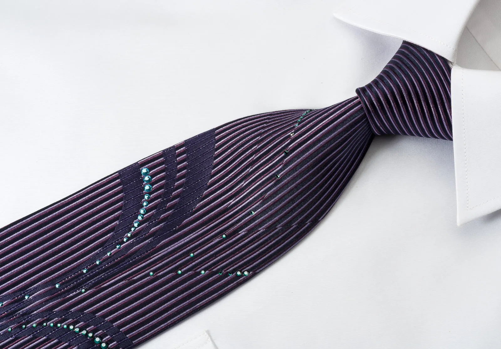 Pierre Cardin Rhinestone Necktie Vertical Stripes On Purple With Silver Sparkles