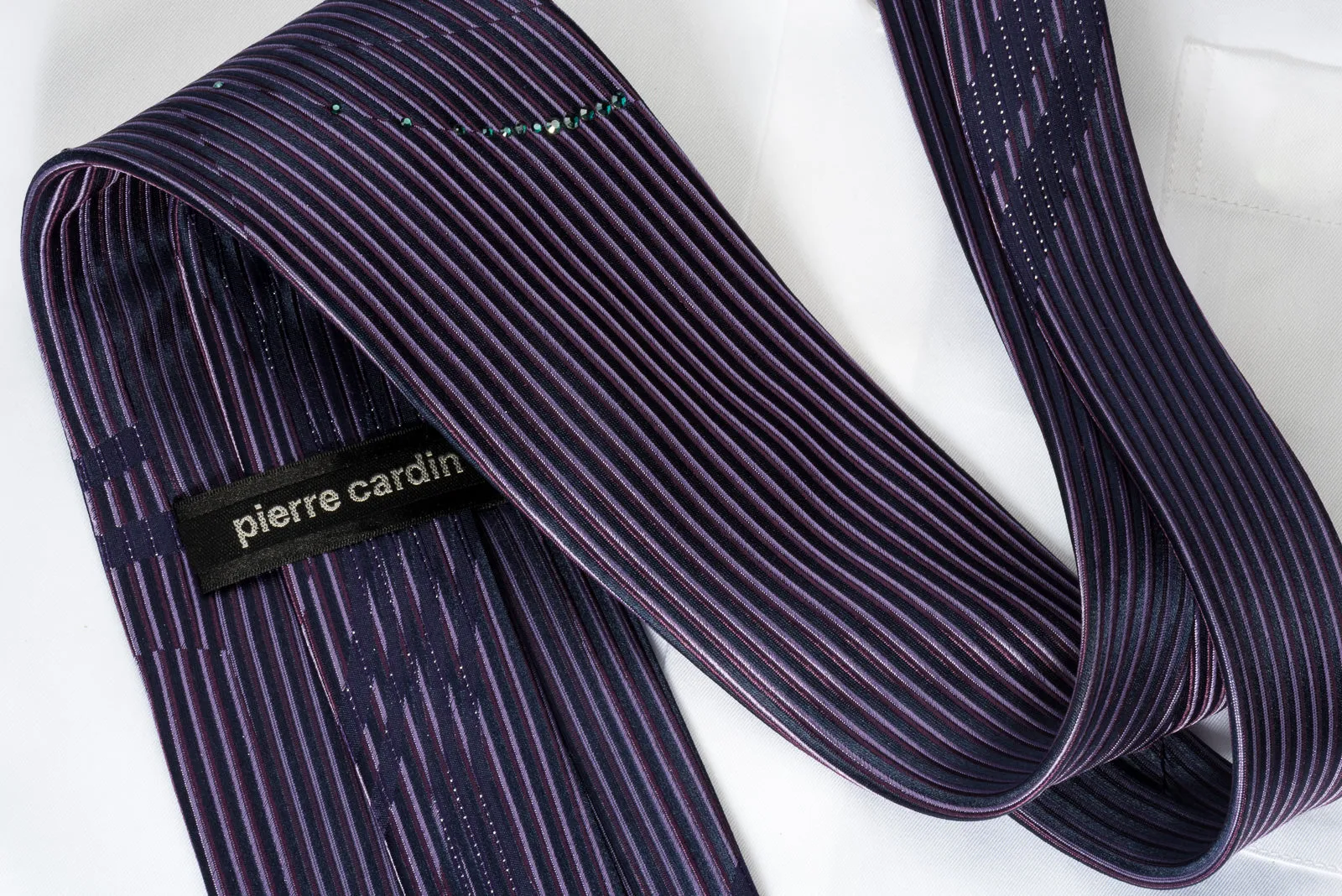 Pierre Cardin Rhinestone Necktie Vertical Stripes On Purple With Silver Sparkles