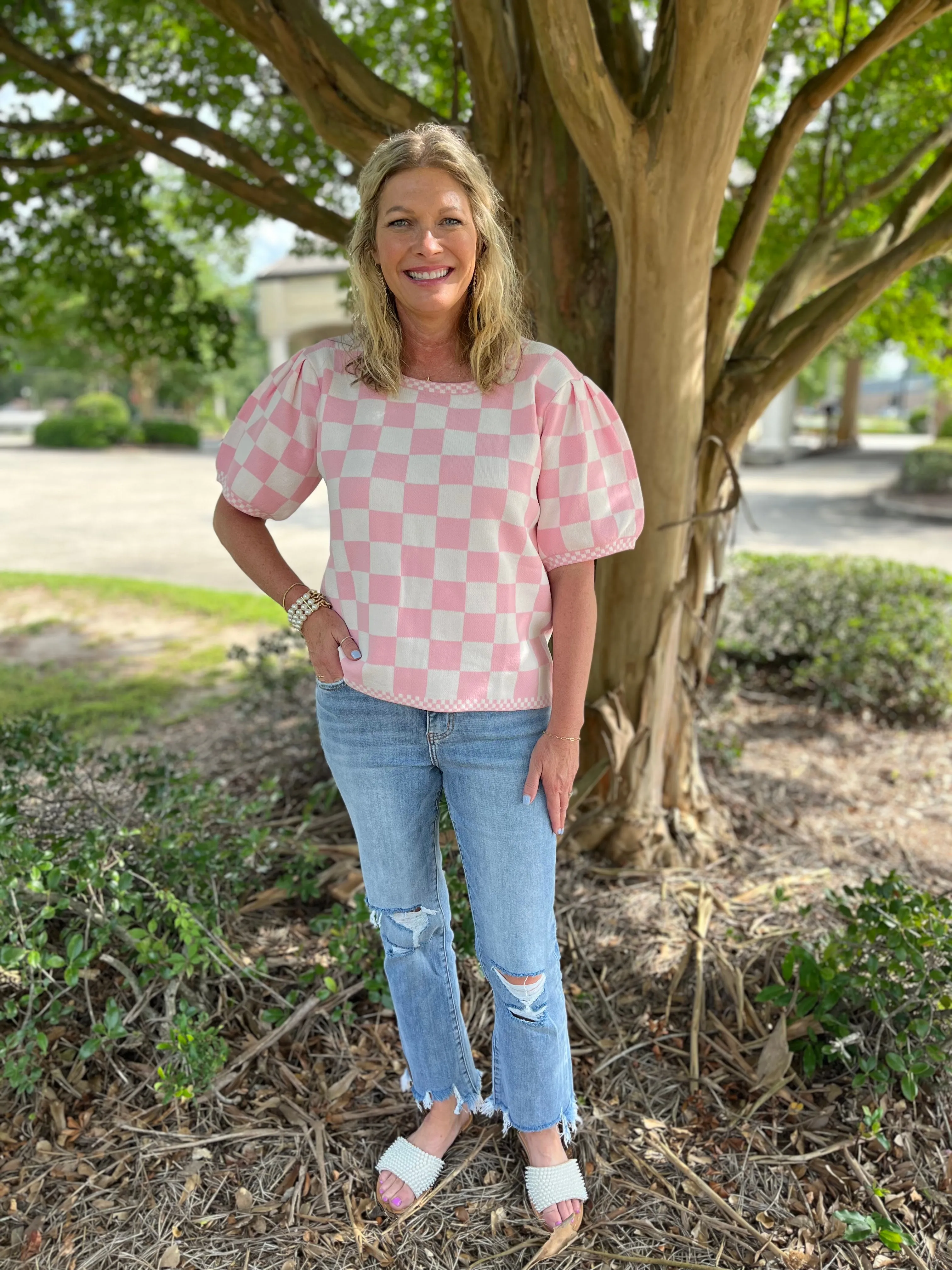 Pink Dreams Blush Checker Puff Sleeve Sweater Top