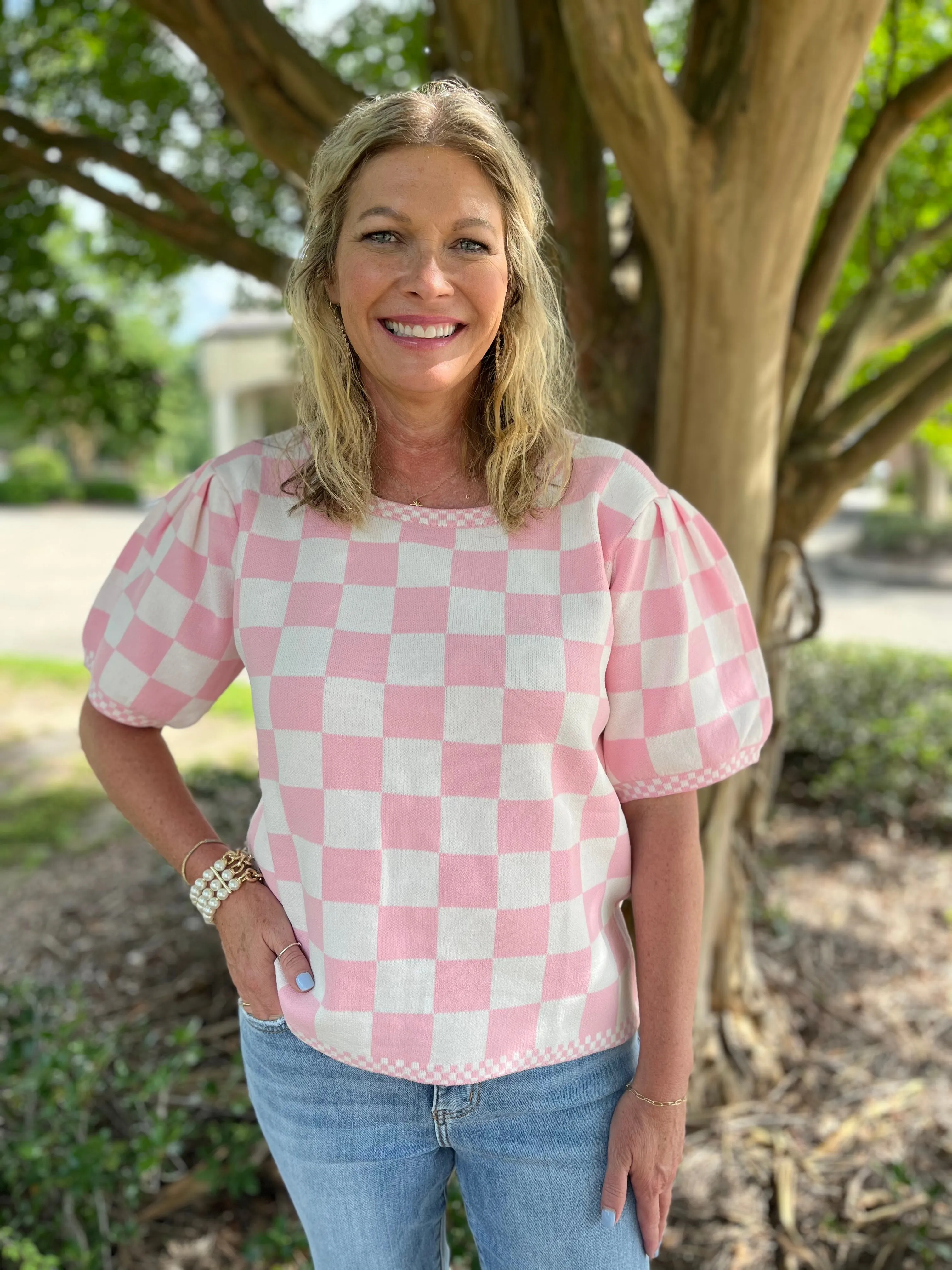 Pink Dreams Blush Checker Puff Sleeve Sweater Top