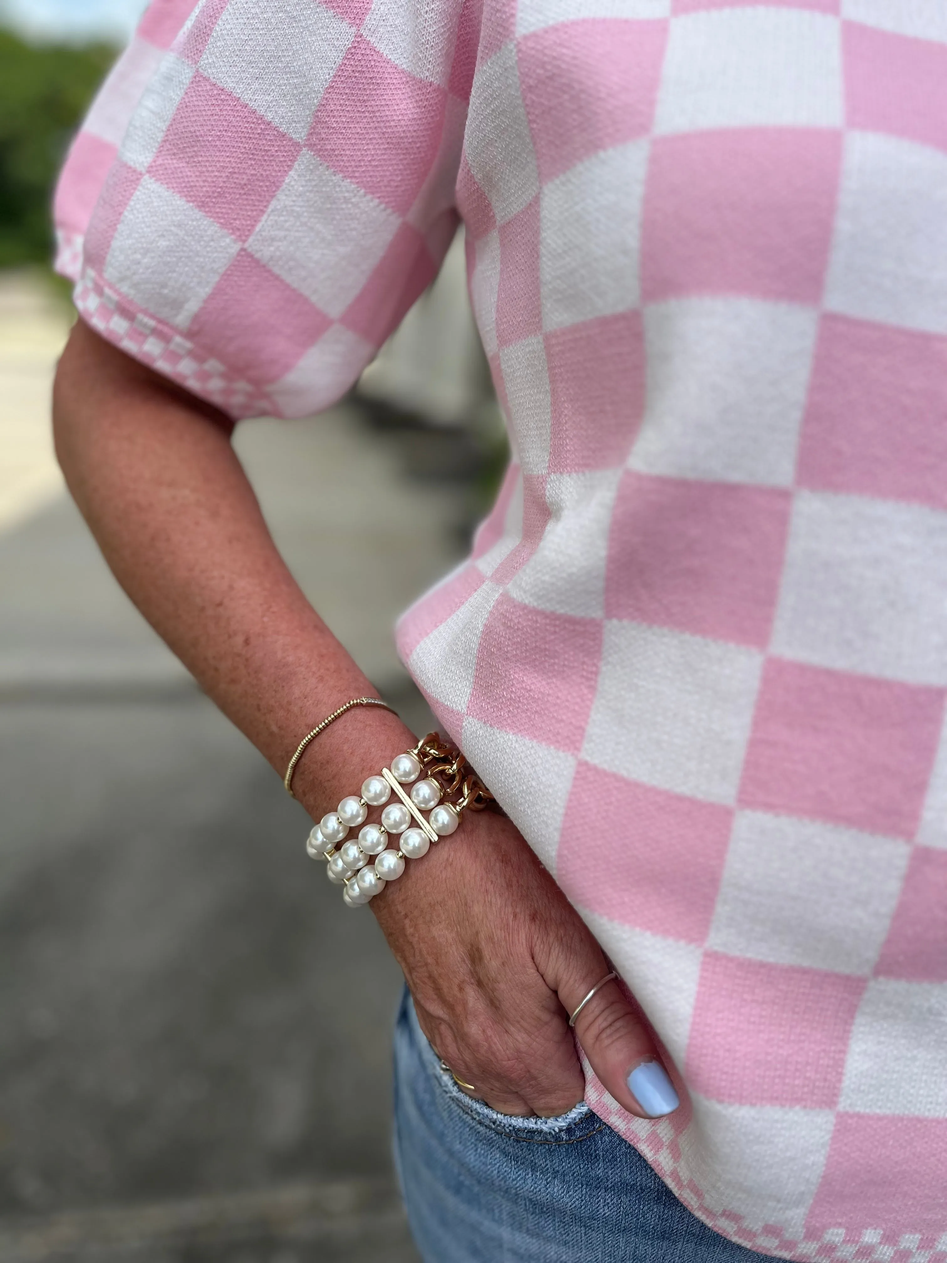 Pink Dreams Blush Checker Puff Sleeve Sweater Top