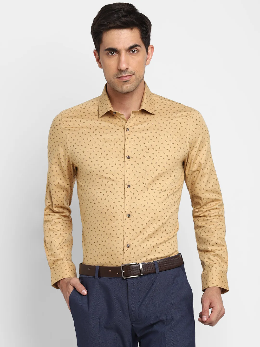 Printed Beige Slim Fit Formal Shirt