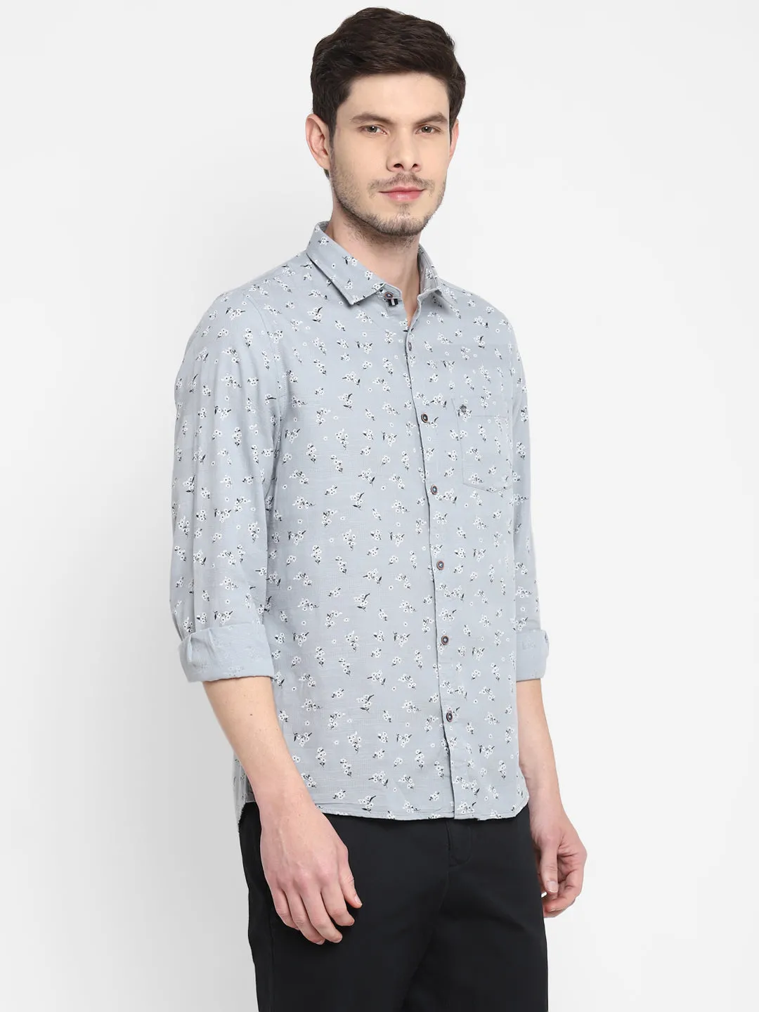 Printed Grey Slim Fit Causal Shirt