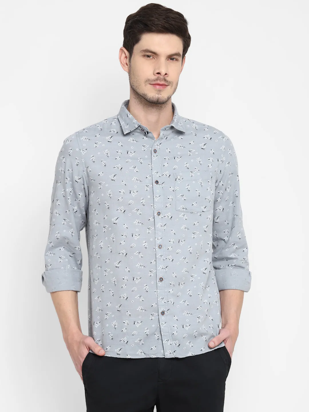 Printed Grey Slim Fit Causal Shirt