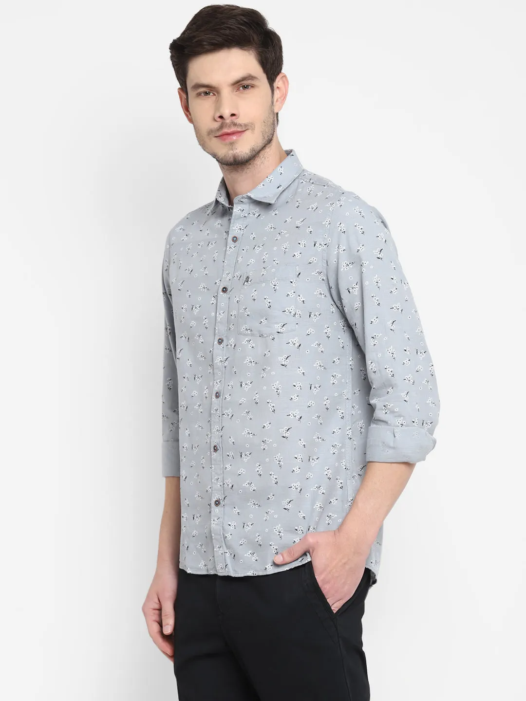 Printed Grey Slim Fit Causal Shirt