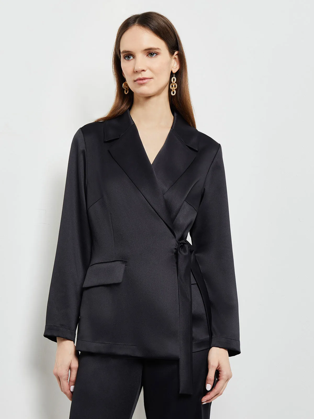 Side-Tie Blazer - Notch Collar Satin Crepe