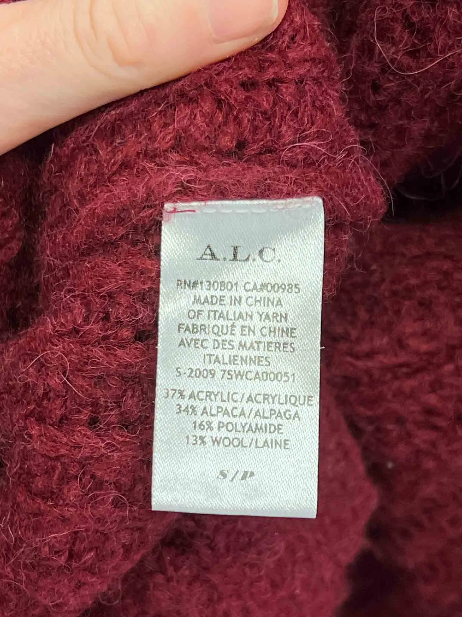 Size S - A.L.C. Burgundy Cleveland Alpaca Blend Chunky Knit Cardigan