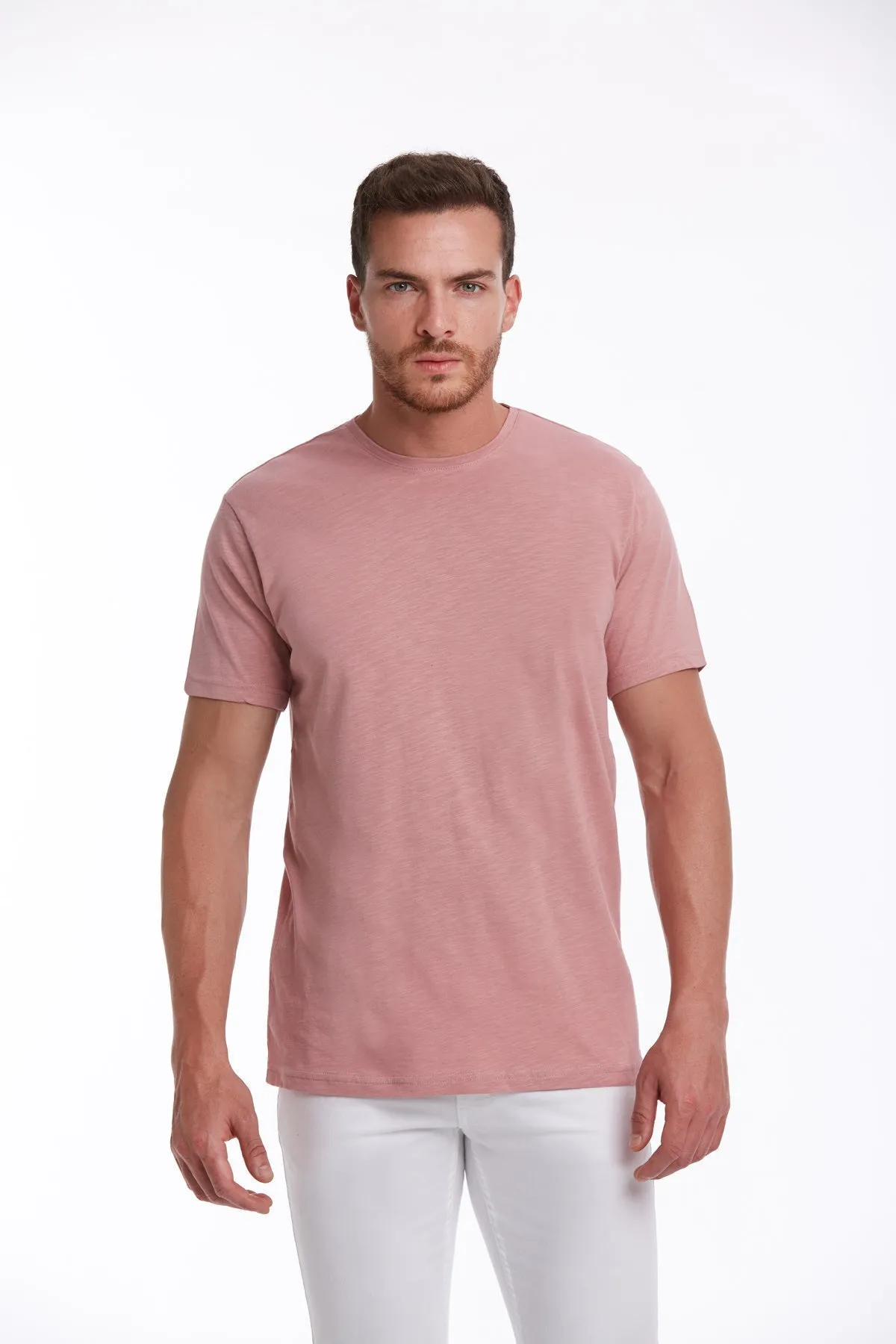 Slim Fit Basic Cotton Pink Crew Neck T-Shirt