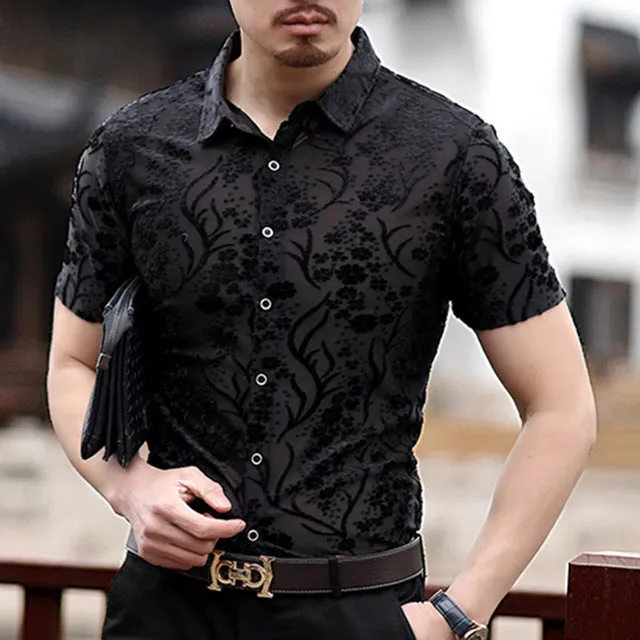 Small Floral Pattern Slim Fit Thin Semi See Through Men Shirt