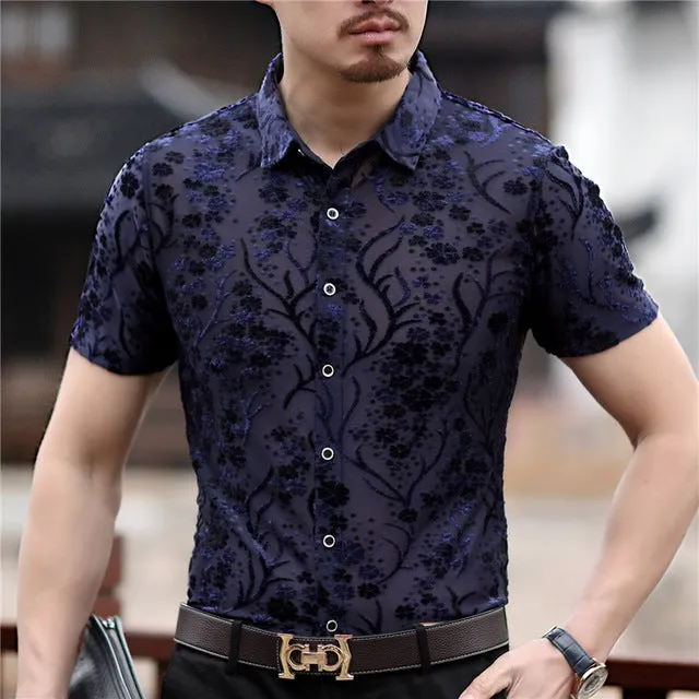 Small Floral Pattern Slim Fit Thin Semi See Through Men Shirt