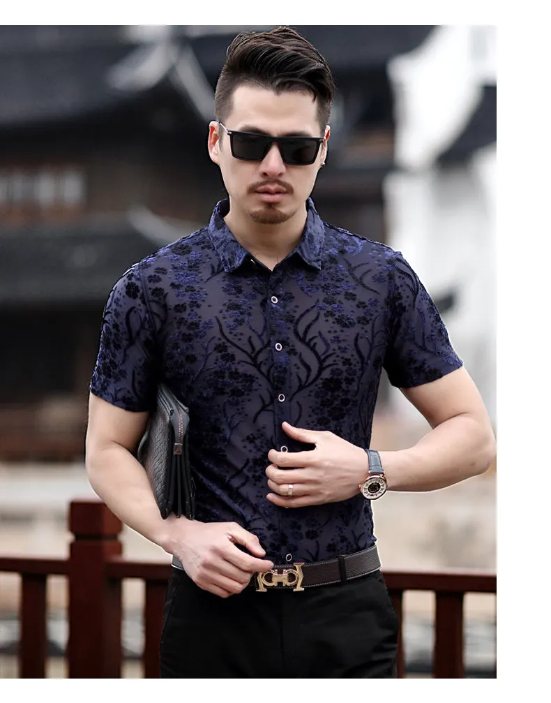 Small Floral Pattern Slim Fit Thin Semi See Through Men Shirt