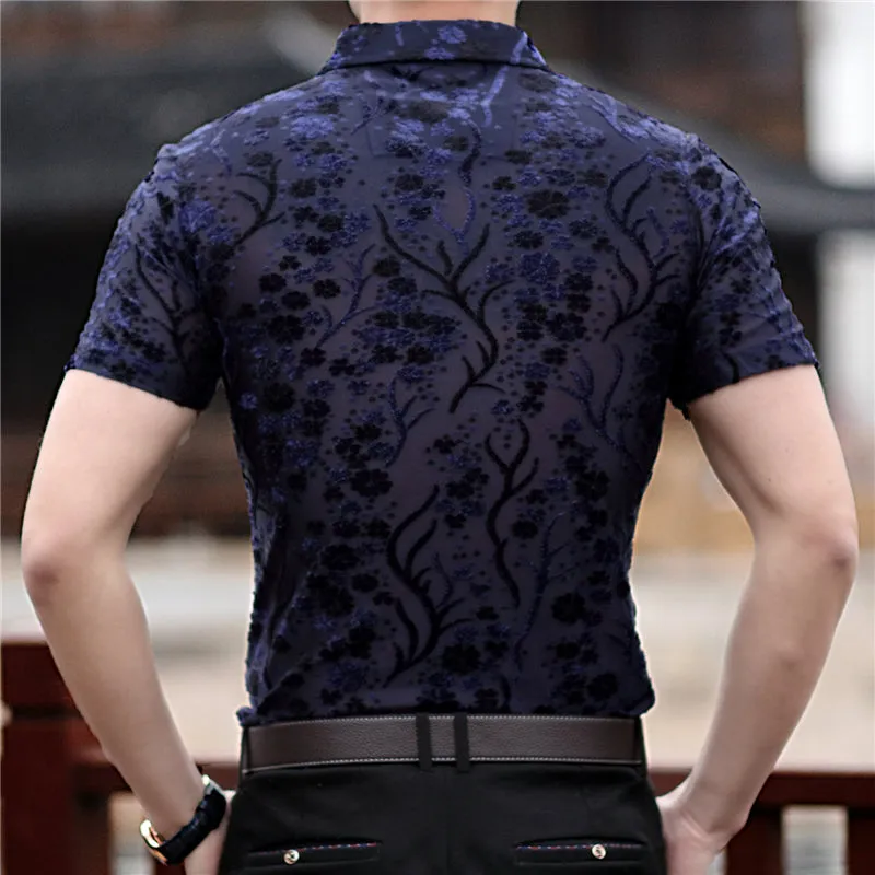 Small Floral Pattern Slim Fit Thin Semi See Through Men Shirt