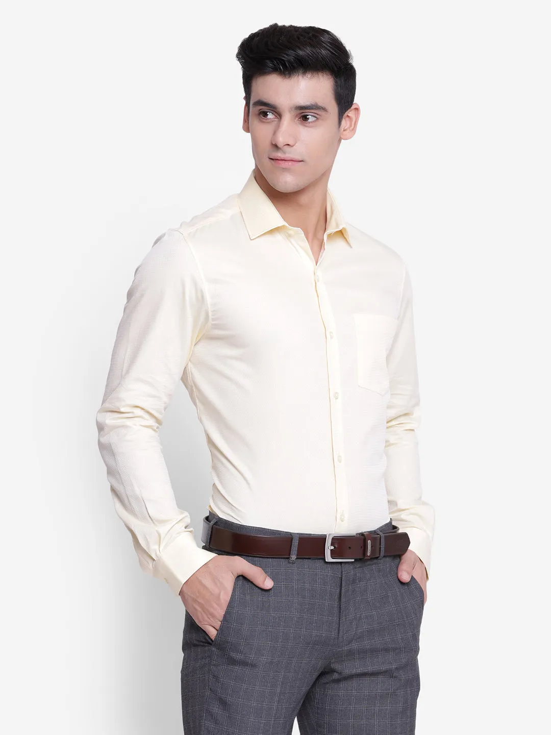 Solid Cream Slim Fit Formal Shirt