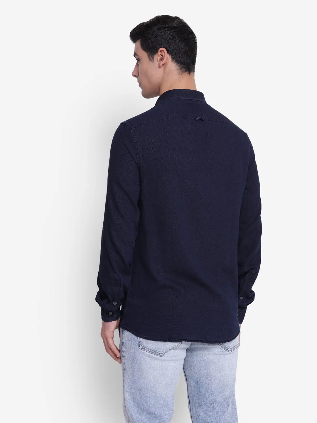 Solid Navy Blue Slim Fit Causal Shirt