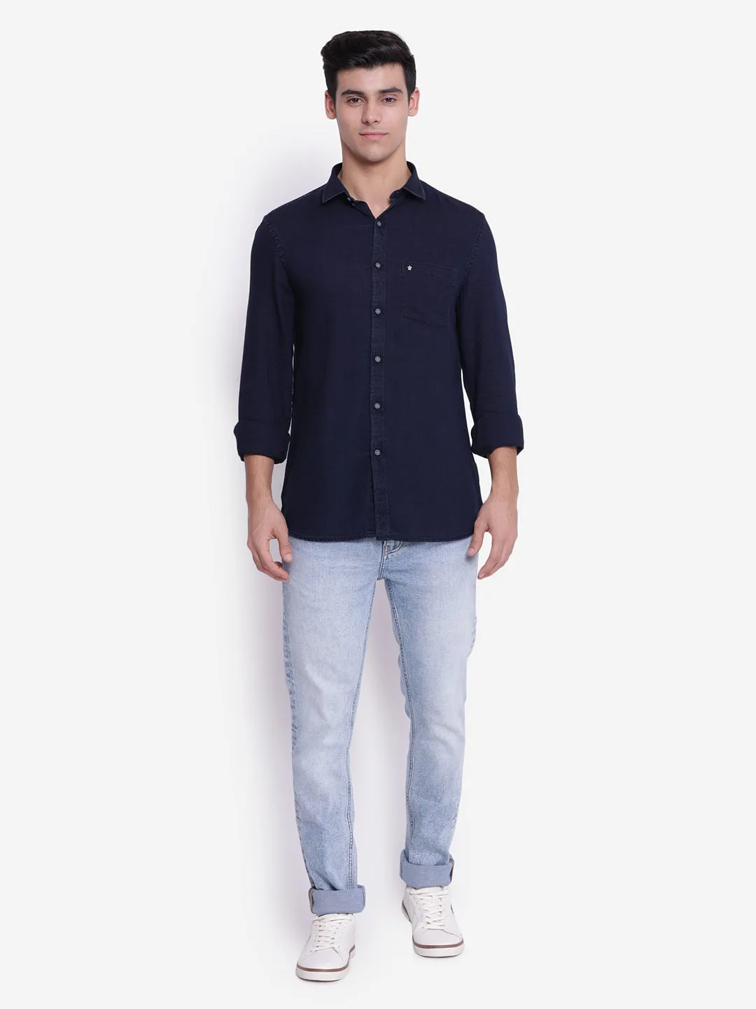 Solid Navy Blue Slim Fit Causal Shirt