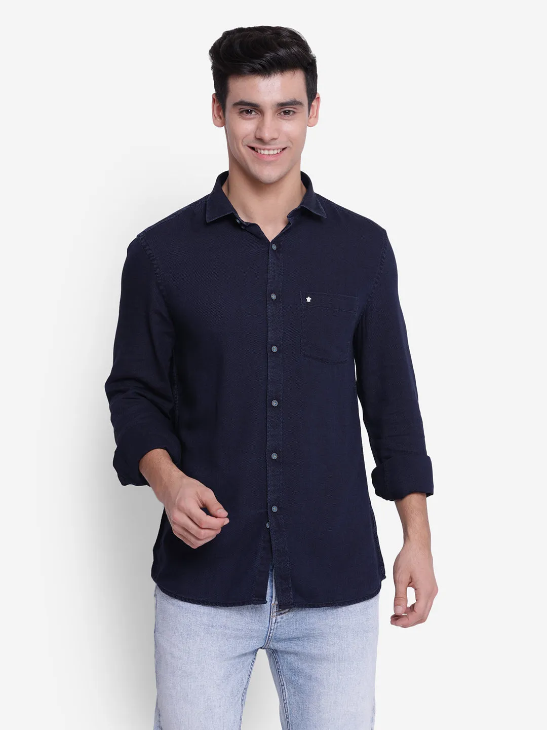 Solid Navy Blue Slim Fit Causal Shirt