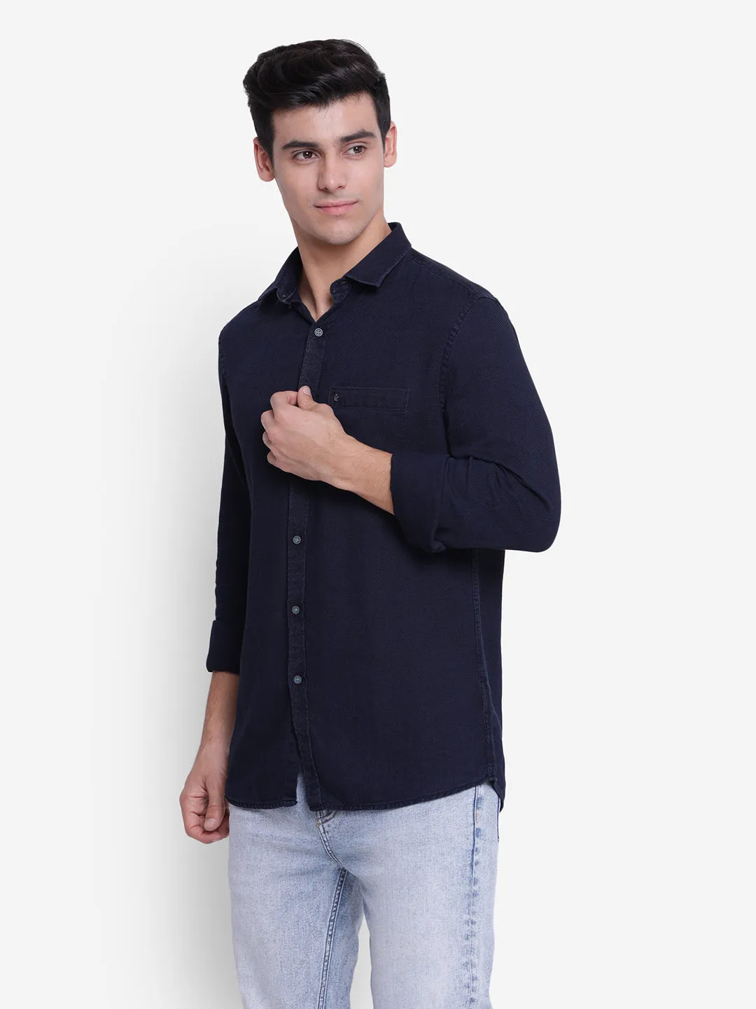 Solid Navy Blue Slim Fit Causal Shirt