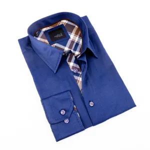 Solid Navy Button Down Shirt W/Plaid Trim