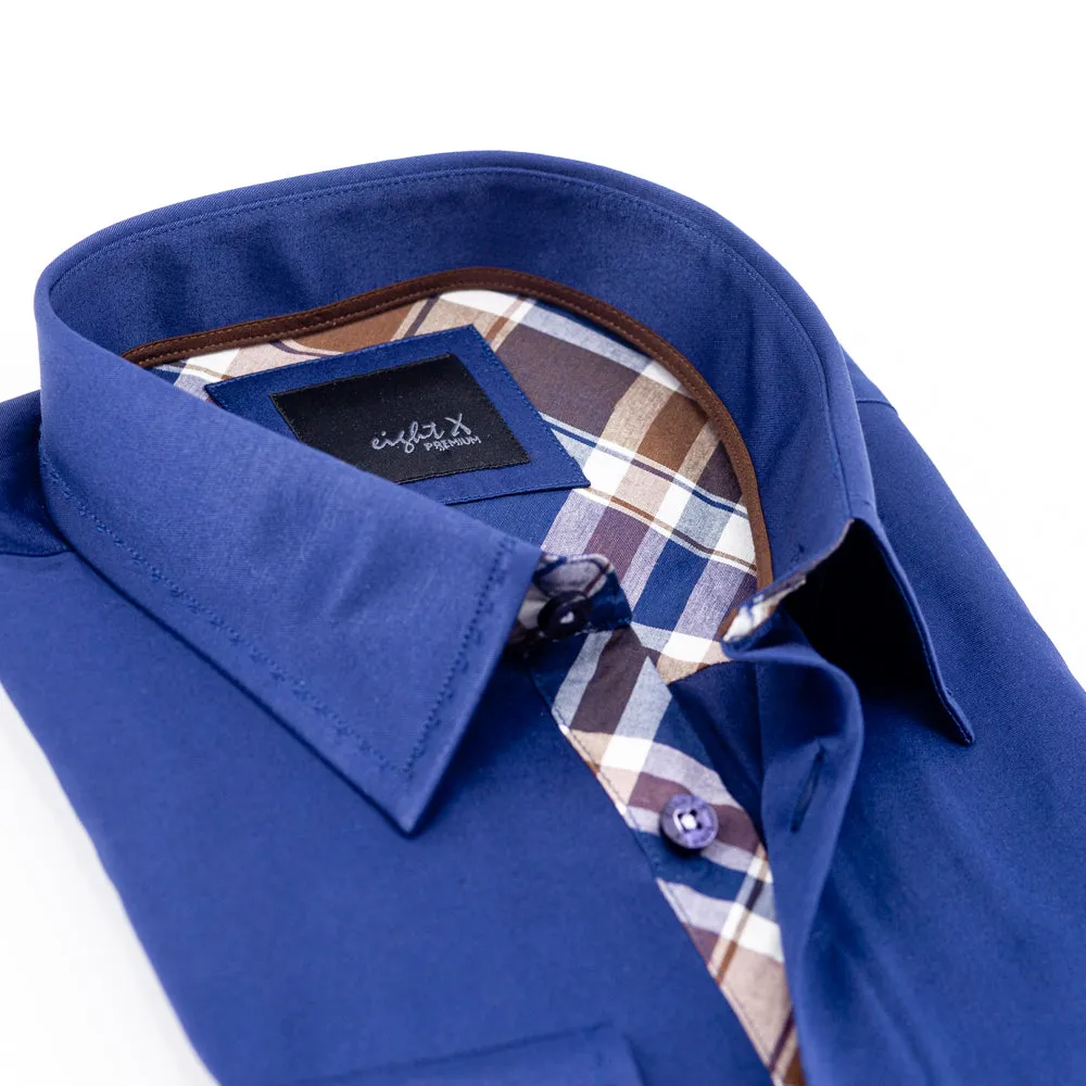 Solid Navy Button Down Shirt W/Plaid Trim