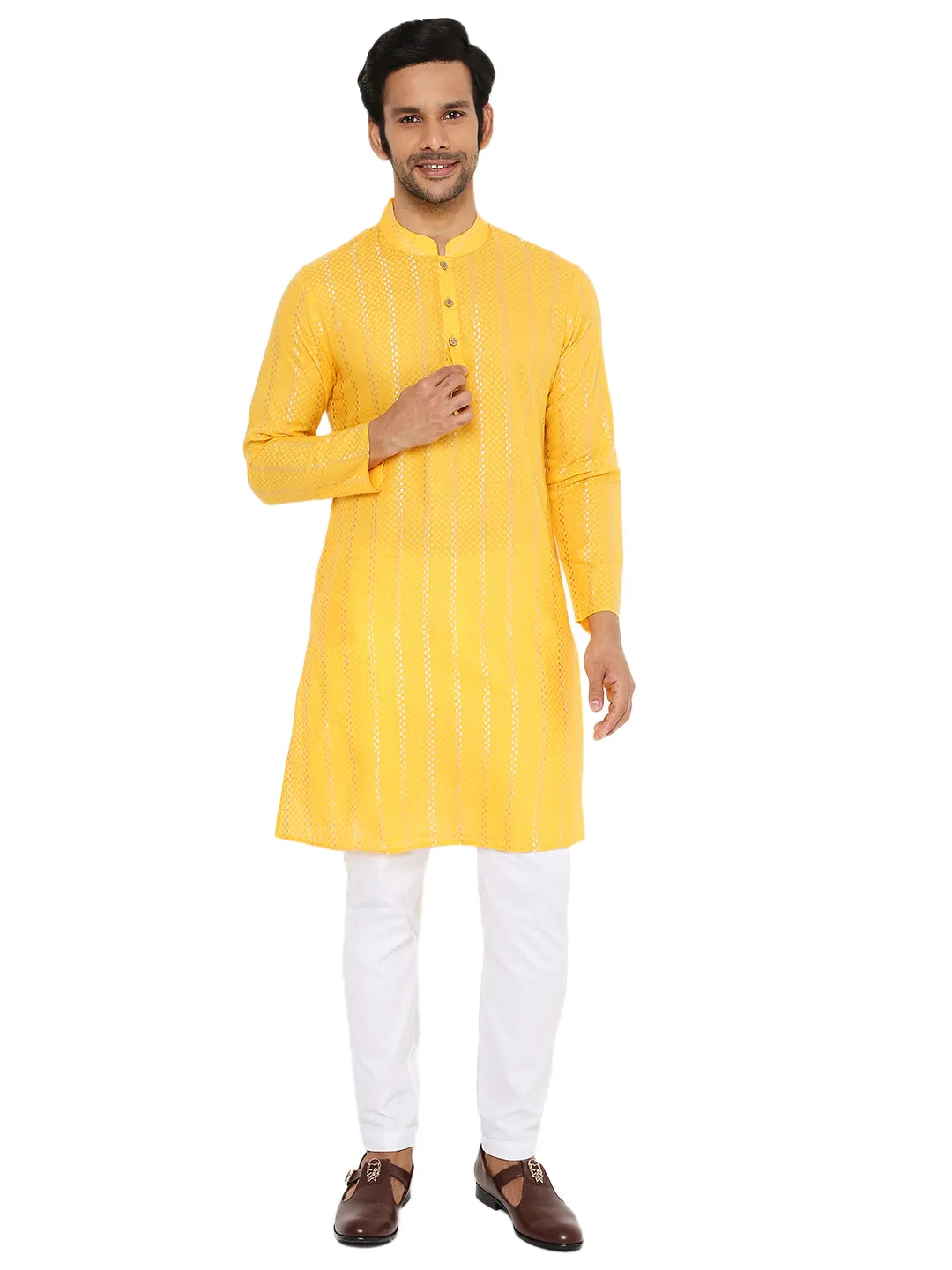 SPECTRA YELLOW ZARI WOVEN KURTA WITH VERTICAL STRIPES