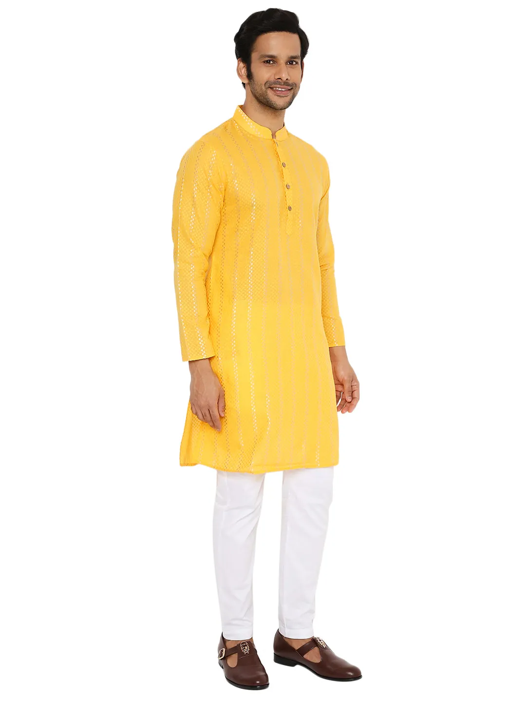 SPECTRA YELLOW ZARI WOVEN KURTA WITH VERTICAL STRIPES