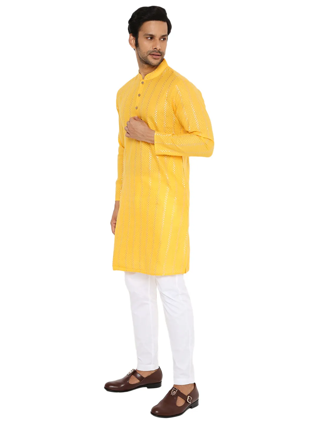 SPECTRA YELLOW ZARI WOVEN KURTA WITH VERTICAL STRIPES