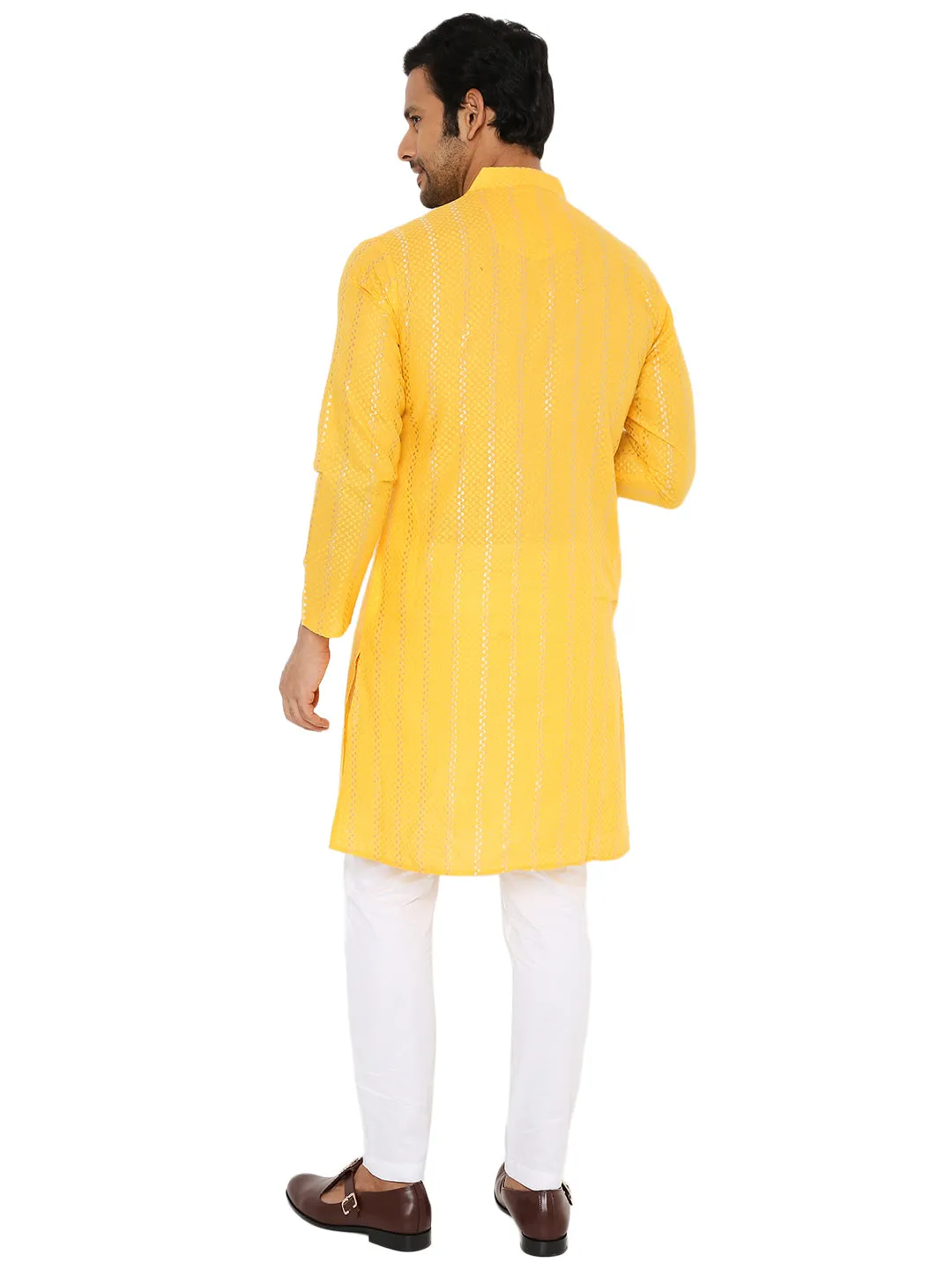 SPECTRA YELLOW ZARI WOVEN KURTA WITH VERTICAL STRIPES