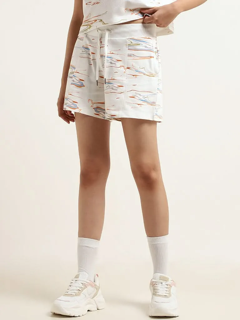 Studiofit White Abstract Printed Cotton Shorts