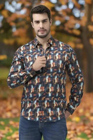 Stylish Modern Multi Color Print Men's Long Sleeve Slim Fit Shirt