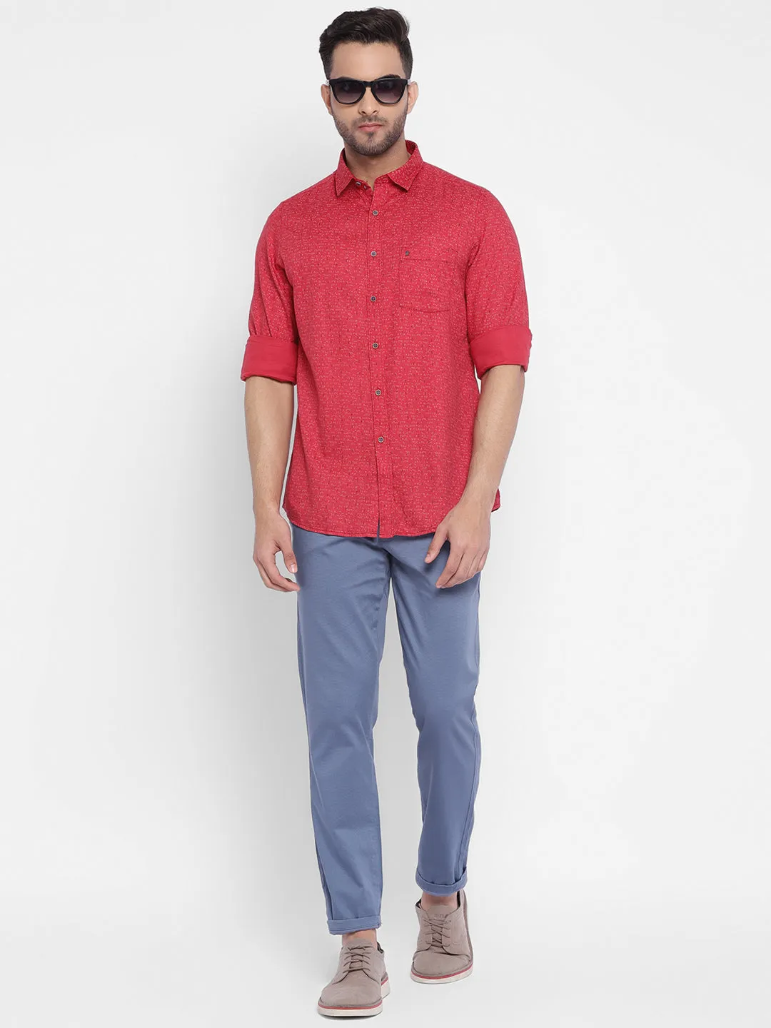 Turtle Men Red Cotton Printed Slim Fit Shirts