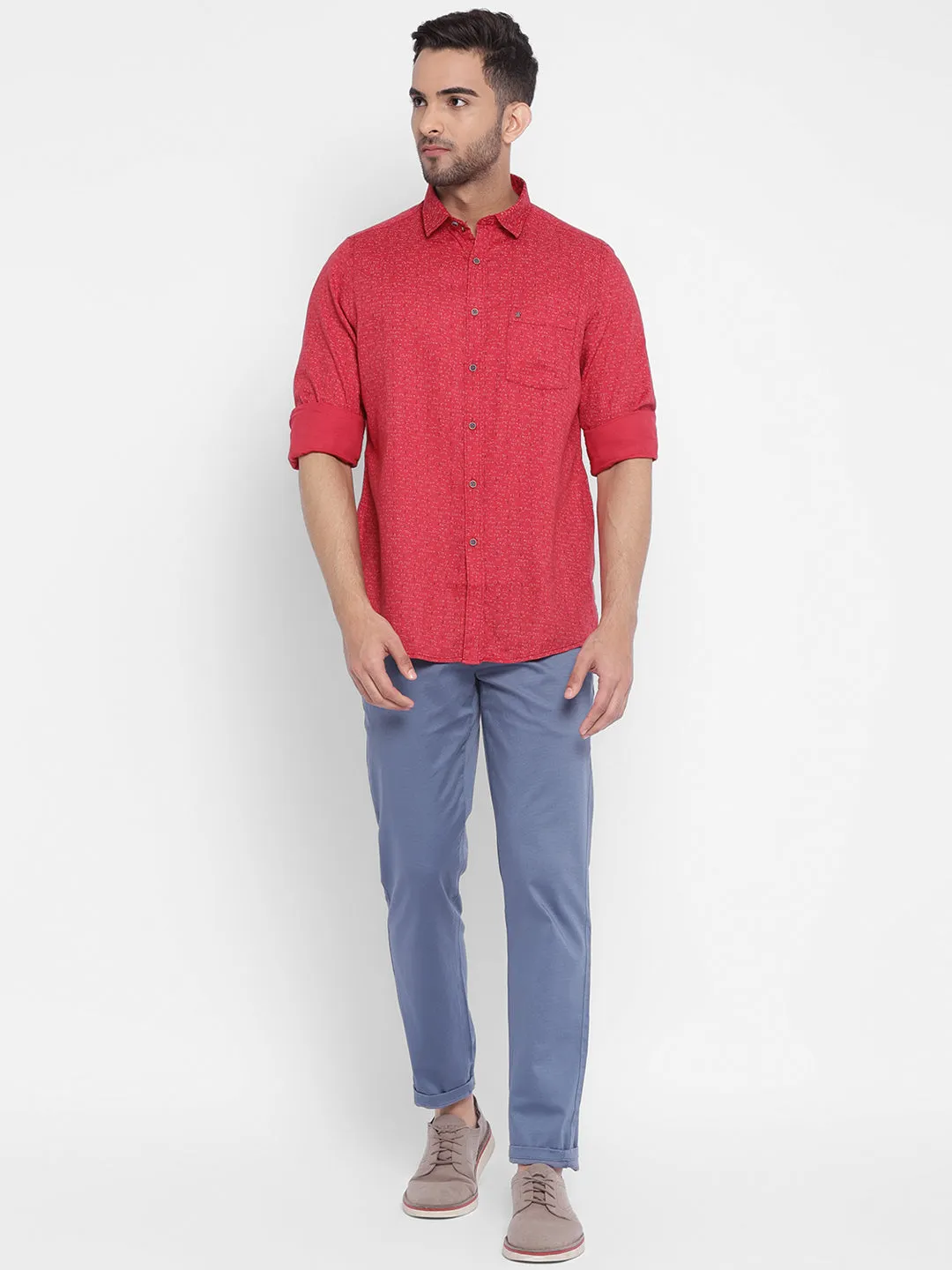 Turtle Men Red Cotton Printed Slim Fit Shirts