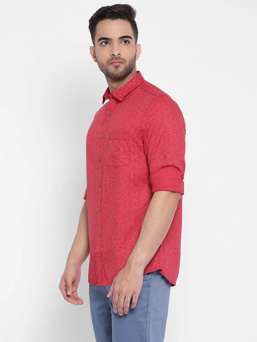 Turtle Men Red Cotton Printed Slim Fit Shirts