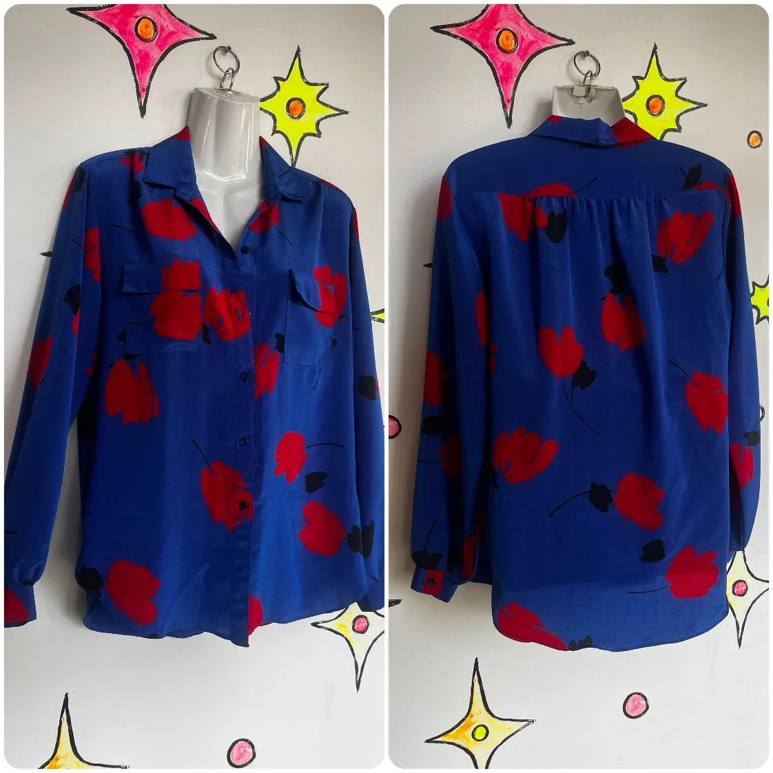 Vintage 80s 90s | Silky Abstract Art Retro 80s Print Secretary Shirt Blouse | M