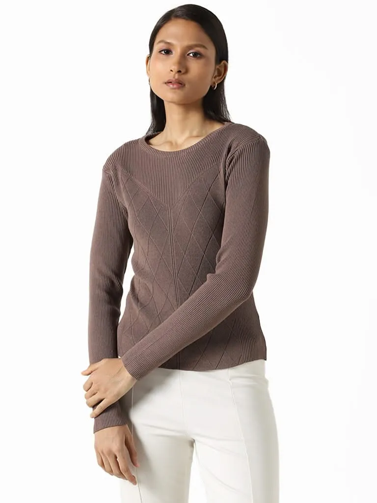 Wardrobe Solid Taupe Self Patterned Sweater