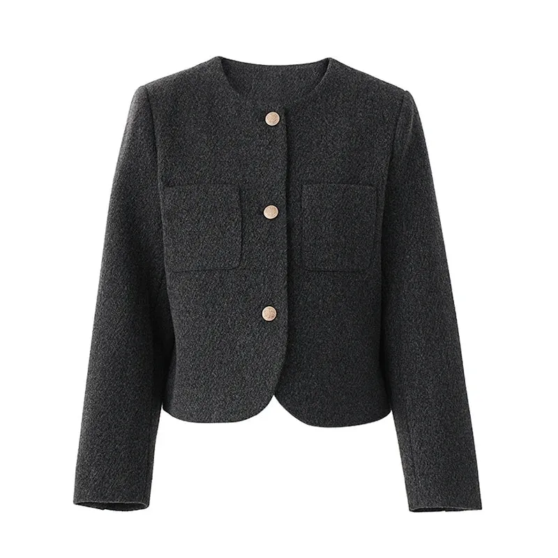 Wenkouban-Winter outfits Christmas Black Friday Round Neck Loose Metal Button Short Office Blazer