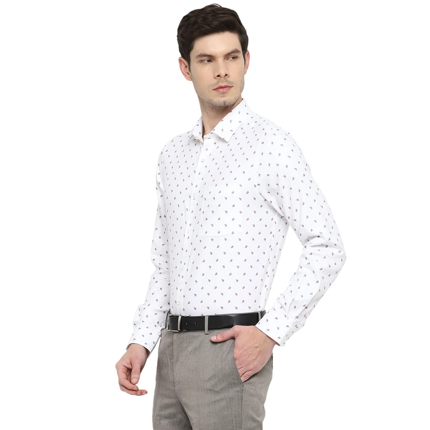 White Cotton Printed Slim Fit Shirts