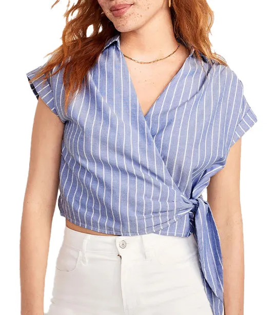 Wrap-Front Cropped Oxford Sarong Top For Women Blue Stripe